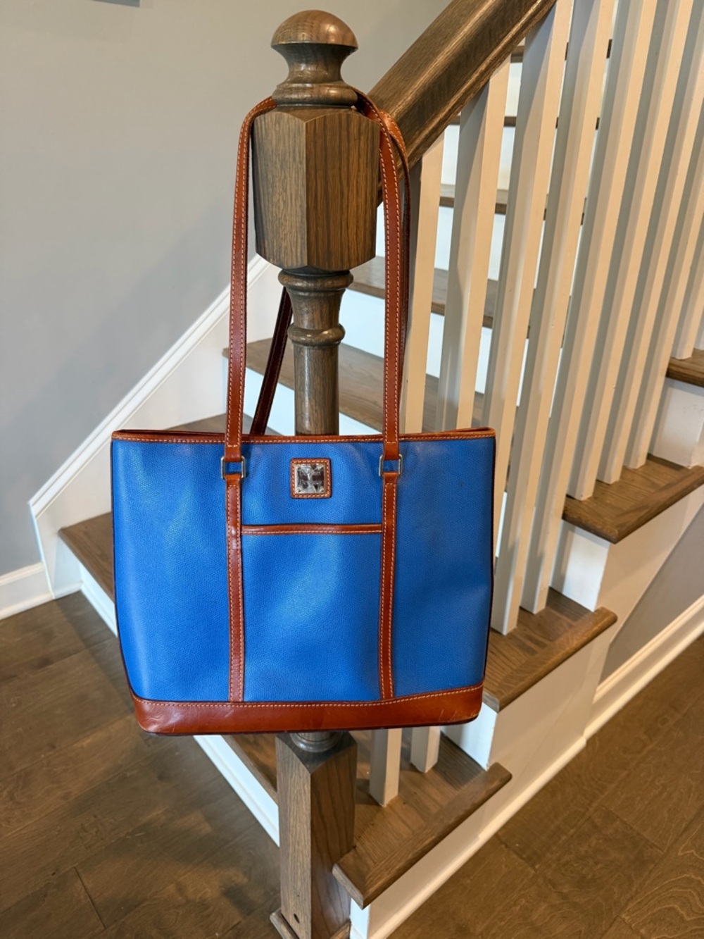 Dooney & Bourke Blue Tote with Brown Leather Trim and Straps